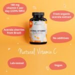 Vegavero Natural Vitamin C Supplement | Organic VIT C from Acerola Cherry Extract | 225% NRV | NO Additives| 180 Capsules | Vegan - Image 5