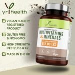 Vegan Multivitamins & Minerals with Vitamin B12, D3 & K2, Zinc and Iron, 180 Vegan Society Registered Tablets for Men and Woman, 6 Month Supply - Made in The UK by YrHealth - Image 3
