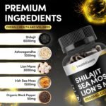 Shilajit Seamoss and Lions Mane Capsules, 11500mg 3-in-1 Brain & Focus Supplement with Ashwagandha & Black Pepper, High Strength Lions Mane Shilajit Blend for Energy & Immunity,120 Vegan Capsules - Image 3