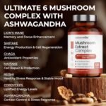 4000mg 6 Mushroom Complex with Ashwaghandha KSM-66, Lions Mane, Cordyceps, Shiitake, Reishi, Chaga and Maitake, 120 Capsules, 2/Day Focus and Brain Support Herbal Nootropic - 40% Polysaccharides - Image 2