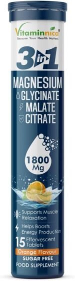 Vitaminnica Magnesium 3-in-1 Effervescent- 15 Tablets – High Absorption Magnesium Malate, Citrate & Glycinate – Energy, Muscle Function & Relaxation – Sugar-Free (Pack of 1, Orange) - Image 2