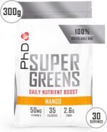 PhD Nutrition Super Greens Powder, Mango Flavour, High Fibre Low Sugar, Blend of 18 Nutrient Rich Fruits and Vegetables, 300 g - Image 3