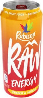 Rubicon RAW 12 Pack Orange & Mango 500ml Energy Drink, 20% Real Fruit Juice, High caffeine with B-Vitamins, Ginseng & Guarana, No Artificial Colours or Flavours, Reduce Tiredness & Boost Energy - Image 3