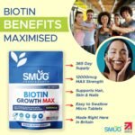 Biotin Hair Growth MAX 12000 mcg British Made by SMUG Supplements - 365 Micro Tablets - One Year Supply - Vegan Hair, Nail and Skin Vitamin Support - Suitable for Men and Women - Image 4