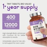 VitaBright Biotin Hair Growth Vitamins | 12000mcg | 400 D-Biotin Tablets with Coconut | Vegan Hair Vitamins for Women and Men | High Strength | Vitamin B7 - Image 4