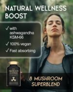 Mushroom Complex with Ashwagandha KSM-66 - Mushroom Supplement 1600mg with Lion's Mane, Reishi, Chaga, Cordyceps, Shiitake - High Strength Superblend of 8 Mushrooms & Ashwaganda - 60 Capsules - Vegan - Image 3