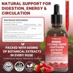 Cayenne Pepper Drops Liquid Extract Supplement | Hawthorn Berry, Turmeric Curcumin, Beet Root, Ginger, Black Pepper for Circulation, Energy and Digestive Health | Alcohol-Free - 60ml - Image 4