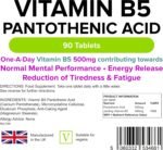 Lindens - Vitamin B5 Pantothenic Acid 500mg, 90 Tablets - 7666% NRV Dose, Contributes to Mental Performance, Metabolism & Reduction of Tiredness - UK Made, Letterbox Friendly - Image 3