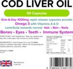 Lindens - Cod Liver Oil 1000mg - 90 Capsules - UK Made - Omega 3 with Vitamins A & D - for Normal Skin, Hair, Nails, Bones & Vision, Brain & Immune Function - Letterbox Friendly - Image 3
