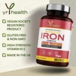 Iron Supplement, 20mg Maximum Strength Anti Fatigue Complex - 180 Vegan Capsules not Iron Tablets for Men & Women with Vitamin B12, Folic Acid, Vitamin C, B6, Zinc, Copper - Made in The UK by YrHealth - Image 3