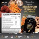 Mushroom Complex 6 Supplement - 150 Vegan Capsules - High Potency Superblend of Lions Mane, Chaga, Cordyceps, Shiitake, Reishi, Maitake Mushrooms with Vitamin D - Made in The UK - Nu U Nutrition - Image 3