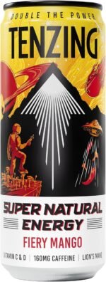 TENZING Super Natural Energy Drink, Fiery Mango, 160MG Caffeine, Vitamin D, Magnesium, Mushrooms, Plant Based, Vegan, & Gluten Free, 330ml (Pack of 12) - Image 3