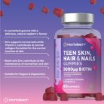 Hair Skin Nail Gummies for Teens | 60 Count | Raspberry Flavour | 5000ug of Biotin for Hair Growth | with Folic Acid, Inositol, Choline & More | Suitable for Vegans | by Horbaach - Image 3
