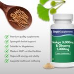 Ginkgo Biloba 3,000mg & Korean Ginseng 1,000mg | Standardised Extracts for Mental Performance & Energy | Iron & Vitamin B6 for Cognitive Function & Fatigue Reduction | 360 Tablets = 4-Month Supply - Image 3