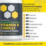 Vitamin B Complex, 365 Tablets, 1 Year Supply, 100% NRV All 8 B Vitamins - B1, B2, B3, B5, B6, B7 Biotin, B9 Folic Acid, B12, Energy, Heart, Tiredness, Hair, Skin, Nervous System, Vegan by Transforme - Image 4