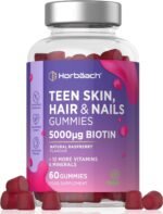 Hair Skin Nail Gummies for Teens | 60 Count | Raspberry Flavour | 5000ug of Biotin for Hair Growth | with Folic Acid, Inositol, Choline & More | Suitable for Vegans | by Horbaach - Image 2