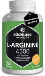 L-Arginine High Strength 4500 mg per Daily Dosage - 360 Capsules of 750 mg - Sport Performance Booster - Natural Supplement of Pure L Arginine Without Additives, German Quality- Vitamaze - Image 2