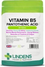 Lindens - Vitamin B5 Pantothenic Acid 500mg, 90 Tablets - 7666% NRV Dose, Contributes to Mental Performance, Metabolism & Reduction of Tiredness - UK Made, Letterbox Friendly - Image 2