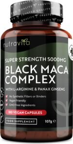 Maca Root Capsules 5000mg (High Strength) – 180 Vegan Black (6 Month Supply) Not Tablets 100% Peruvian with L-Arginine, Panax Ginseng & Pepper Made in UK by Nutravita - Image 2