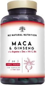 Maca Root + Ginseng + L Arginine. Triple Energy. Zinc + Vitamin C & B. Increases Sports Performance. Reduces Tiredness and Fatigue. Antioxidant. 120 Capsules. CE, Vegan. N2 Natural Nutrition - Image 2
