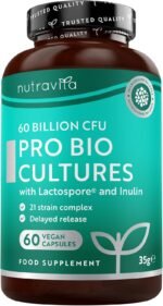 Nutravita Probiotics Cultures 60 Billion CFU, 21 Strain Complex with Lactobacillus Reuteri & Acidophilus - Bio Cultures Complex Probiotics & Prebiotics Supplements, 60 Vegan Capsules - Made in The UK - Image 2