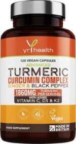 Turmeric Capsules High Strength 1860mg with Black Pepper, Ginger, Vitamin C & D for Immune System & Joints Plus K2 Mk7-120 Vegan Capsules Premium Turmeric Curcumin – Made in The UK by YrHealth - Image 2