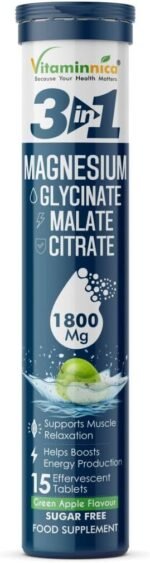 Vitaminnica Magnesium 3-in-1 Effervescent- 15 Tablets – High Absorption Magnesium Malate, Citrate & Glycinate – Energy, Muscle Function & Relaxation – Sugar-Free (Pack of 1, Green Apple) - Image 2