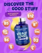 Vitawell Hair Lush Locks Gummies - Hair Growth + Skin + Nails Vitamins Chews | Complex Formula 5000µg Biotin + Zinc + Vitamin A, D3, C, B12 | 60 Berry Burst Flavour | Supplement for Men & Women - Image 4