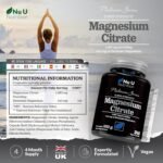 Magnesium Citrate 1480mg - 240 Vegan Capsules - 4 Month Supply - Providing 444mg Elemental Mag - Capsules not Tablets - High Strength Supplement - Made in The UK - Nu U Nutrition - Image 3