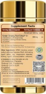 Vitaminnica Korean Ginseng High Strength (Eqv. 3000mg) Energy, Focus, Immune Support & Vitality - Natural Adaptogen for Stress Relief | 60 Veg Capsules - Image 4