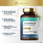 Vitamin B3 Nicotinamide 500mg | 180 Vegan Tablets | High Strength Vitamin B3 Niacin Supplement (Niacinamide) | Flush Free Formula | Suitable for Vegetarians and Vegans | by Carlyle - Image 3