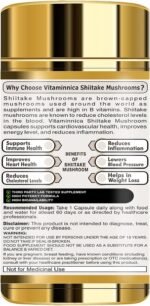 Vitaminnica Shiitake Mushroom 500mg (20:1 Extract)|100% Fruiting Bodies | 60 Vegan Capsules | Nootropics Supplement for Healthy Skin & Hair, Gut Health | Better Energy, Stamina, and Vitality. - Image 3