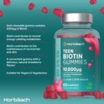 Biotin Hair Growth Gummies for Teens 10000mcg | 60 Count | Hair and Skin Supplement for Teenagers | Strawberry Flavour Tablet Alternative | Vegetarian and Vegan | by Horbaach - Image 3
