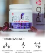 PhD Charge, All in One Pre Workout Powder with Creatine for Women and Men, Rich in Beta Alanine, High Caffeine for pre-Workout, Grape Candy Flavour, 20 Servings Per 300g Bottle - Image 3