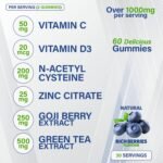 Immunity Boost - Goji Berry, VIT C, D3, Zinc, N-Acetyl Cysteine, Green Tea Extract, Chewable Gummies - 60 Gummies - 1025mg Active per Serving - Berries Flavour, Suitable for Vegans - Image 3