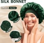 Satin Silk Bonnet for Sleeping, Double Layer Silk Sleep Cap for Men & Women, Soft Satin Lined Bonnet for Natural & Curly Hair(Dark Green) - Image 4