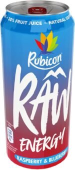 Rubicon RAW 12 Pack Raspberry & Blueberry 500ml Energy Drink, 20% Real Fruit Juice, High caffeine with B-Vitamins, Ginseng & Guarana, No Artificial Colours or Flavours, Reduce Tiredness & Boost Energy - Image 3