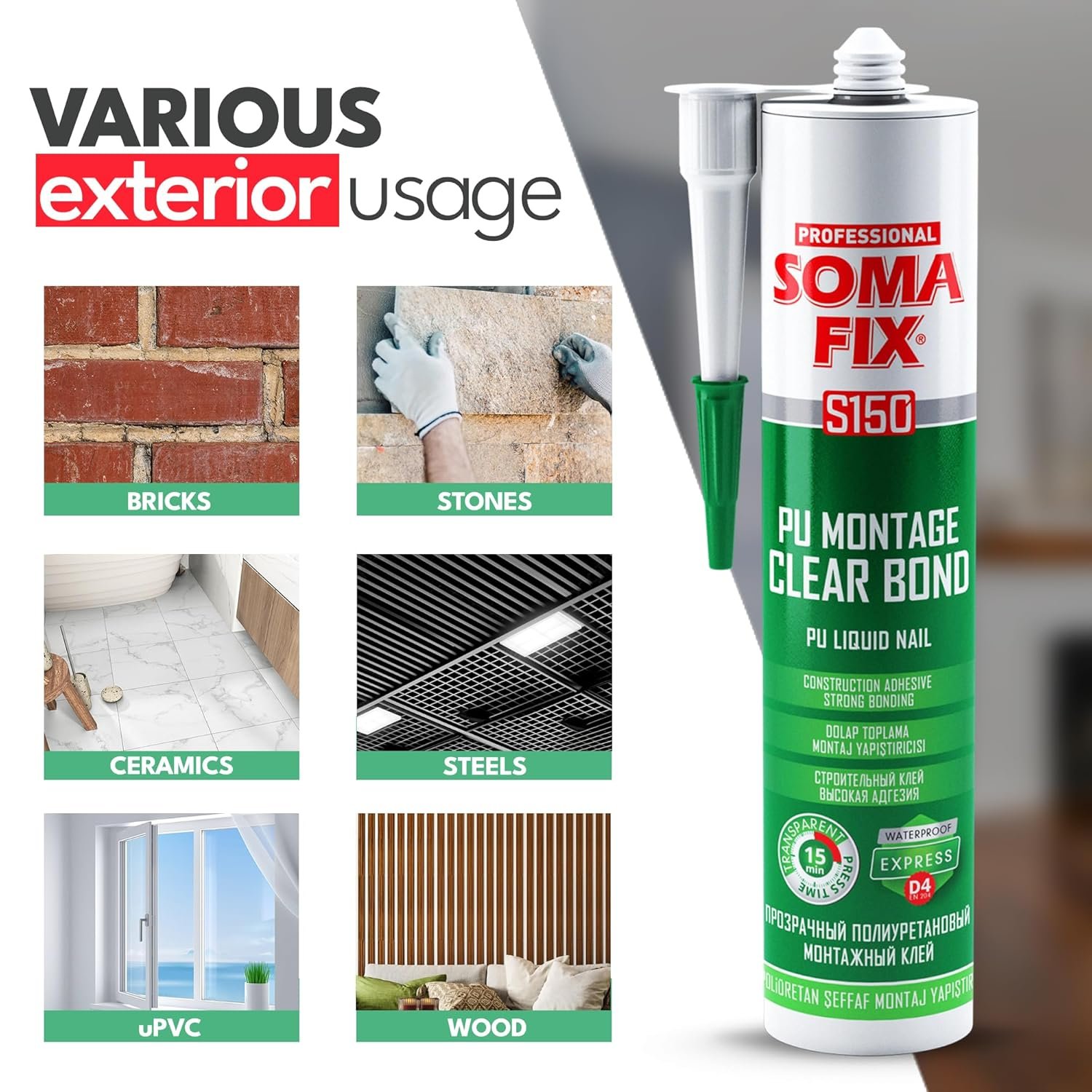 No Nails - Exterior D4 PU Montage Clear Bond, Adhesive for Outdoors, Polyurethane Glue for Brick, Stone, Iron, Steel, PVC - (Heat Resistant & All Weather) 310ML - Image 4