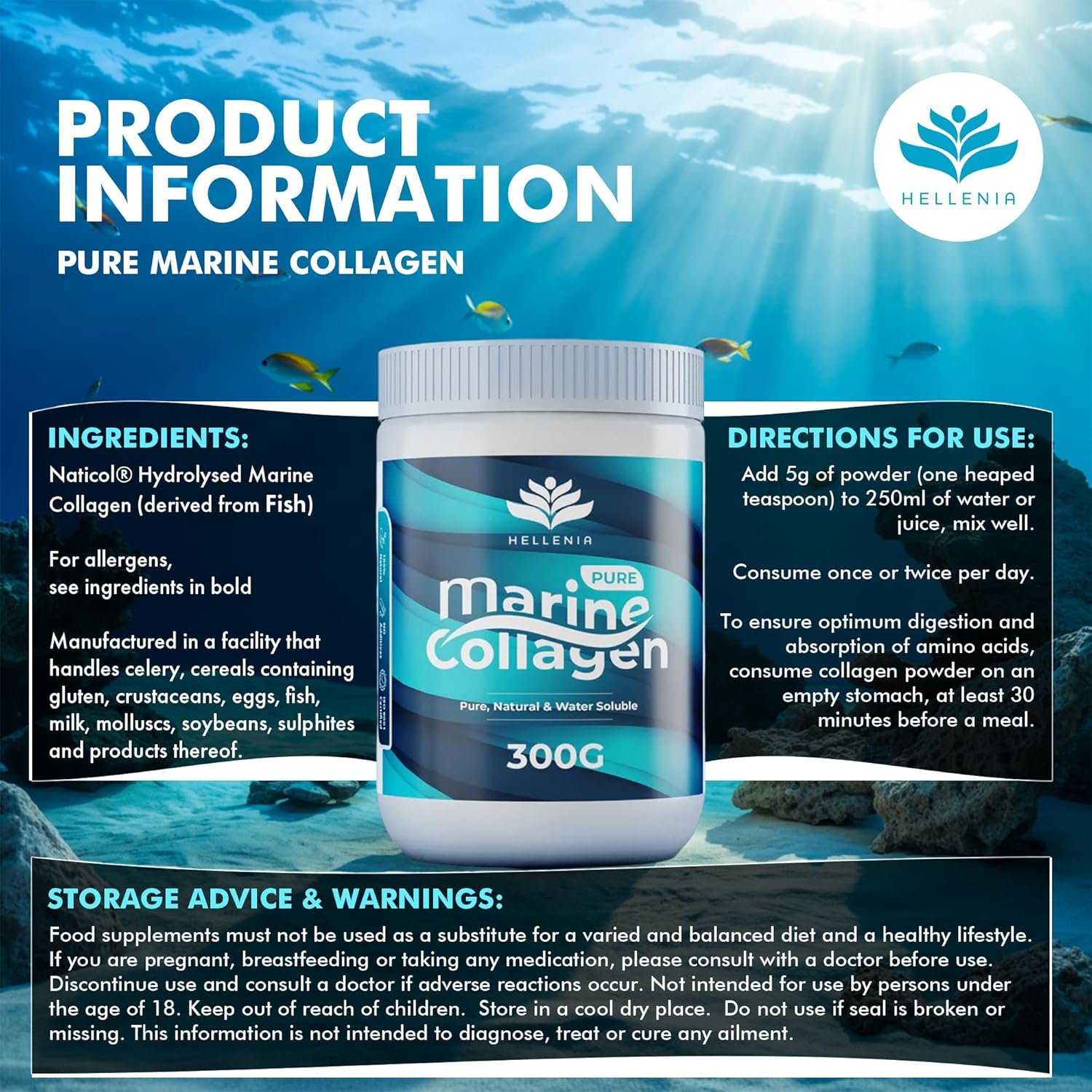 Pure Hydrolysed Marine Collagen Powder 300g | Natural | Unflavoured | Type 1 and 3 Marine Collagen Peptides | All 9 Aminos | Naticol Branded Peptides | 60 Servings - Made for Hellenia - Image 3