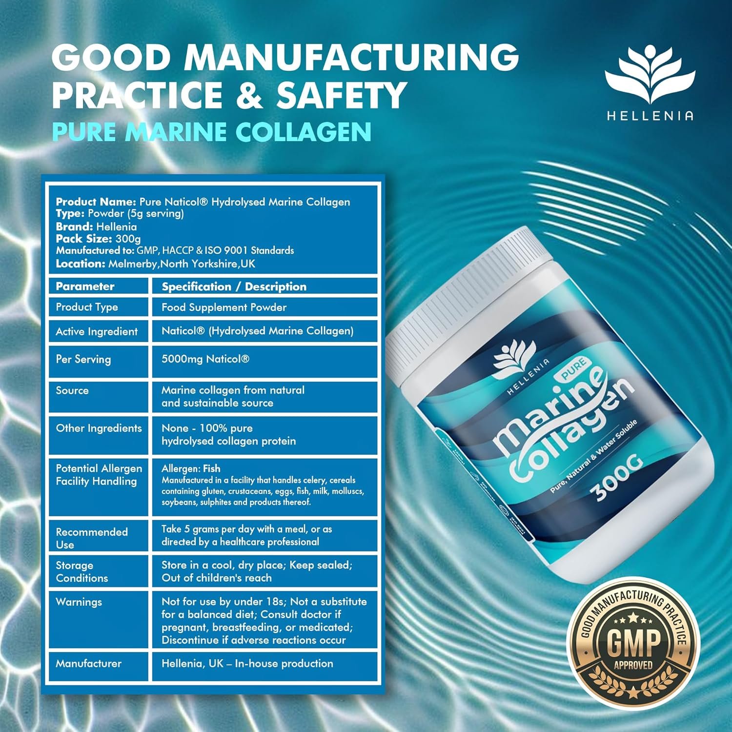 Pure Hydrolysed Marine Collagen Powder 300g | Natural | Unflavoured | Type 1 and 3 Marine Collagen Peptides | All 9 Aminos | Naticol Branded Peptides | 60 Servings - Made for Hellenia - Image 4