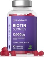 Biotin Hair Growth Gummies 10,000mcg | 90 Count | High Strength Biotin (Vitamin B7) for Hair and Skin Health | Natural Strawberry Flavour | Vegan Supplement | by Horbaach - Image 2