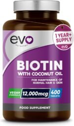 Biotin Hair Growth Supplement 12,000mcg with Coconut Oil | 400 High Strength Tablets for - 13 Month Supply Vitamin B7 Supports Normal Skin & Made in UK by EVO Nutrition - Image 2