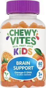 Chewy Vites Kids Brain Support, 60 Kids Vitamins Gummies, Vegan Omega 3 DHA, 13 Essential Vitamins & Minerals, 1 Months Supply, Real Fruit Juice, Age 3 +, Orange Flavour - Image 2