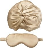 Coco & Millie 100% Mulberry Silk Sleep Bonnet & Eye Mask Gift Set – Double-Layered 19 Momme Turban Hair Wrap for Sleeping (Champagne Gold) - Image 2