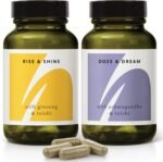 Dawn to Dusk Set-120 Vegan Adaptogens Supplements.2 x 60 Capsules in Refillable Jars. Red & White Ginseng, Reishi, Ashwagandha, Camomile and Nutmeg in Rise & Shine + Doze & Dream - Image 2