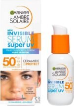 Garnier Ambre Solaire SPF 50+ Super UV Invisible Serum Moisturiser for Face, High Protection Against UVA & UVB, Sun Cream for all Skin Types, With Hyaluronic Acid, Vitamin E & Ceramides, Vegan, 30ml - Image 2