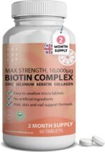 Hair Growth Biotin Complex 10,000mcg with Marine Collagen, Selenium, Keratin & Zinc | x60 Tablets | Hair Growth, Thickness, Strength & Volume | Men & Women Hair Support Supplement - Image 2