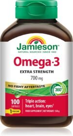 Jamieson Extra Strength Omega-3 700mg, No Fishy Aftertaste, 420 mg of EPA + 280 mg of DHA, Heart Health. Brain Health. Eye Health, Free of Heavy Metals, 100 Softgels, one per Day - Image 2