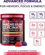 Magnesium Glycinate Gummies for Kids & Adults - High Strength Magnesium Glycinate 400mg with Malate, Zinc, D3, B6 & Taurine – Blueberry & Raspberry Flavours – Sleep, Focus & Relaxation – 120 Chews - Image 2