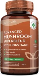 Nutravita High Potency Mushroom Complex 14400mg Superblend with Lions Mane - 6 Mushroom Complex with Chaga, Cordyceps, Shiitake, Reishi, Maitake and Lions Mane - 180 Vegan Capsules - Made in The UK - Image 2